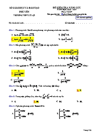 Đề kiểm tra năng lực môn Toán Lớp 12 - Năm học 2018-2019 - Trường THPT Lê Lợi (Có lời giải)
