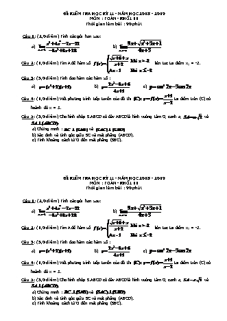 Đề thi Học kì 2 môn Toán Khối 11 - Năm học 2018-2019 (Kèm đáp án và thang điểm)