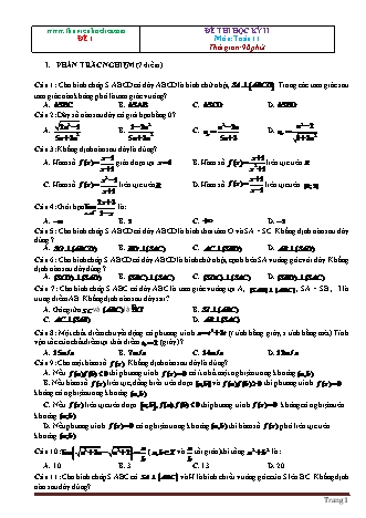 Đề thi Học kì 2 môn Toán Lớp 11 - Đề 1 (Kèm đáp án và thang điểm)