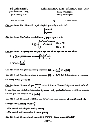 Đề thi Học kì 2 môn Toán Lớp 11 - Năm học 2018-2019 (Kèm đáp án và thang điểm)