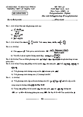 Đề thi lại môn Toán Lớp 10 - Năm học 2018-2019 - Trường THPT Lê Trọng Tấn (Kèm đáp án và thang điểm)