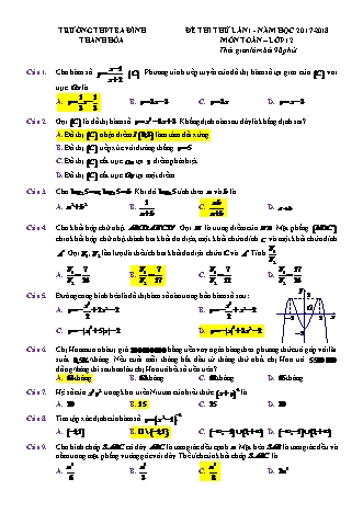 Đề thi thử môn Toán Lớp 12 - Lần 1 - Năm học 2017-2018 - Trường THPT Ba Đình (Có lời giải)