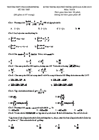 Đề thi thử THPT Quốc gia môn Toán - Năm học 2019 - Trường THPT Phan Đình Phùng (Có đáp án)