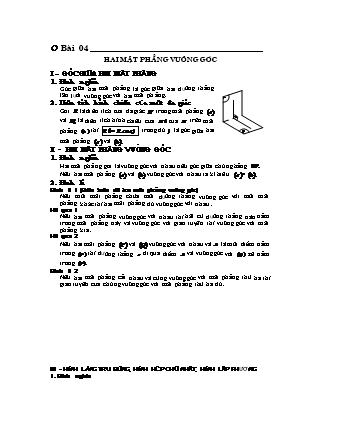 Lý thuyết và Bài tập trắc nghiệm Hình học Lớp 11 - Chủ đề 8: Vectơ trong không gian. Quan hệ vuông góc trong không gian - Bài 4: Hai mặt phẳng vuông góc