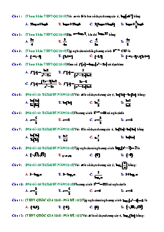 Tổng hợp câu hỏi trích trong đề tham khảo kì thi THPT Quốc gia môn Toán - Hàm số mũ. Hàm số Logarit - Năm học 2018-2019 (Có đáp án)