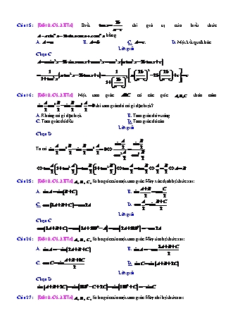 Trắc nghiệm Đại số Lớp 10 tách từ đề thi thử THPT Quốc gia - Chương 6 - Bài 3: Công thức lượng giác - Mức độ 3.1 - Năm học 2017-2018 (Có đáp án)
