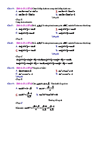 Trắc nghiệm Đại số Lớp 10 tách từ đề thi thử THPT Quốc gia - Chương 6 - Bài 3: Công thức lượng giác - Mức độ 1.3 - Năm học 2017-2018 (Có đáp án)