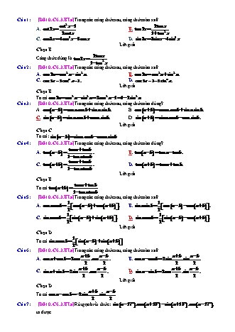 Trắc nghiệm Đại số Lớp 10 tách từ đề thi thử THPT Quốc gia - Chương 6 - Bài 3: Công thức lượng giác - Mức độ 1.2 - Năm học 2017-2018 (Có đáp án)