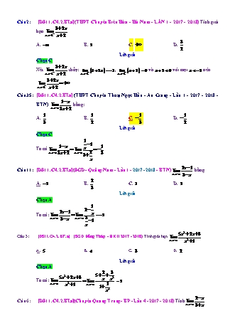 Trắc nghiệm Đại số Lớp 11 tách từ đề thi thử THPT Quốc gia - Chương 4 - Bài 2: Giới hạn của hàm số - Mức độ 1.6 - Năm học 2017-2018 (Có đáp án)