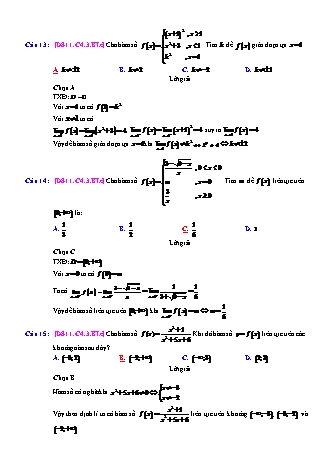 Trắc nghiệm Đại số Lớp 11 tách từ đề thi thử THPT Quốc gia - Chương 4 - Bài 3: Hàm số liên tục - Mức độ 3.3 - Năm học 2017-2018 (Có đáp án)