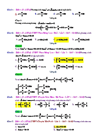 Trắc nghiệm Đại số Lớp 11 tách từ đề thi thử THPT Quốc gia - Chương 1 - Bài 3: Phương trình lượng giác thường gặp - Mức độ 1.6 - Năm học 2017-2018 (Có đáp án)