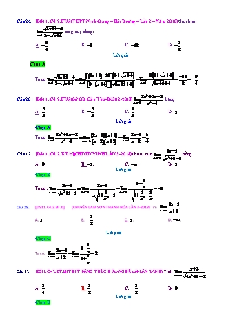 Trắc nghiệm Đại số Lớp 11 tách từ đề thi thử THPT Quốc gia - Chương 4 - Bài 2: Giới hạn của hàm số - Mức độ 2.3 - Năm học 2017-2018 (Có đáp án)