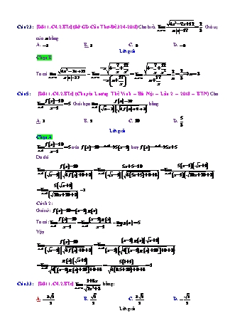 Trắc nghiệm Đại số Lớp 11 tách từ đề thi thử THPT Quốc gia - Chương 4 - Bài 2: Giới hạn của hàm số - Mức độ 3.3 - Năm học 2017-2018 (Có đáp án)