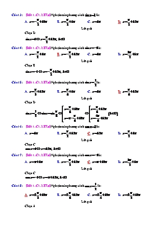 Trắc nghiệm Đại số Lớp 11 tách từ đề thi thử THPT Quốc gia - Chương 1 - Bài 2: Phương trình lượng giác cơ bản - Mức độ 1.3 - Năm học 2017-2018 (Có đáp án)