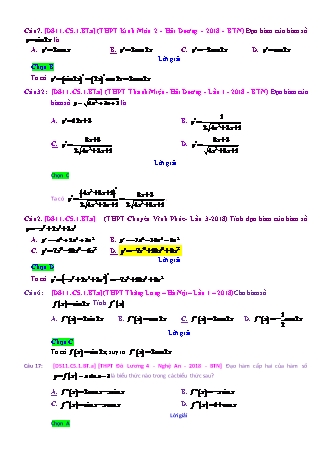 Trắc nghiệm Đại số Lớp 11 tách từ đề thi thử THPT Quốc gia - Chương 5 - Bài 1: Các vấn đề vầ tập xác định và đạo hàm - Mức độ 1.2 - Năm học 2017-2018 (Có đáp án)