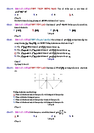 Trắc nghiệm Đại số Lớp 12 tách từ đề thi thử THPT Quốc gia - Chương 1 - Bài 2: Cực trị của hàm số - Mức độ 1.5 - Năm học 2017-2018 (Có đáp án)