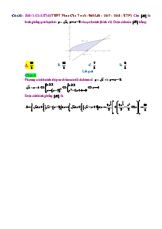 Trắc nghiệm Đại số Lớp 12 tách từ đề thi thử THPT Quốc gia - Chương 3 - Bài 5: Ứng dụng hình học của tích phân - Mức độ 3.1 - Năm học 2017-2018 (Có đáp án)