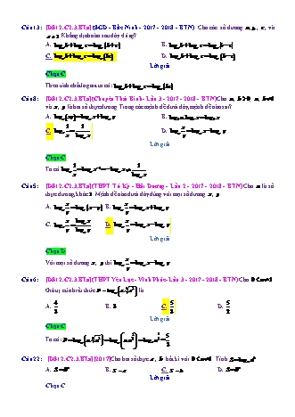 Trắc nghiệm Đại số Lớp 12 tách từ đề thi thử THPT Quốc gia - Chương 2 - Bài 3: Logarit - Mức độ 1.4 - Năm học 2017-2018 (Có đáp án)