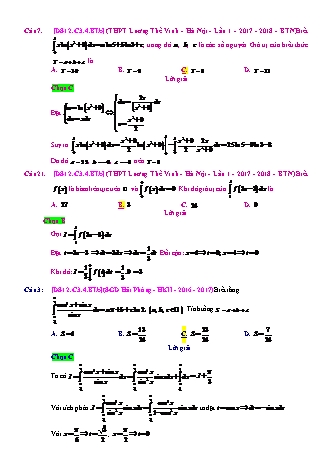 Trắc nghiệm Đại số Lớp 12 tách từ đề thi thử THPT Quốc gia - Chương 3 - Bài 4: Phương pháp tính tích phân - Mức độ 2.3 - Năm học 2017-2018 (Có đáp án)
