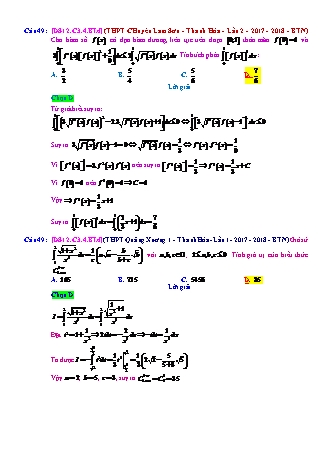 Trắc nghiệm Đại số Lớp 12 tách từ đề thi thử THPT Quốc gia - Chương 3 - Bài 4: Phương pháp tính tích phân - Mức độ 4.5 - Năm học 2017-2018 (Có đáp án)