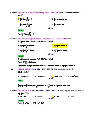 Trắc nghiệm Đại số Lớp 12 tách từ đề thi thử THPT Quốc gia - Chương 3 - Bài 1: Nguyên hàm cơ bản - Mức độ 1.4 - Năm học 2017-2018 (Có đáp án)