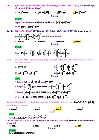 Trắc nghiệm Đại số Lớp 12 tách từ đề thi thử THPT Quốc gia - Chương 2 - Bài 1: Lũy thừa - Mức độ 2.2 - Năm học 2017-2018 (Có đáp án)