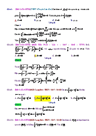 Trắc nghiệm Đại số Lớp 12 tách từ đề thi thử THPT Quốc gia - Chương 3 - Bài 4: Phương pháp tính tích phân - Mức độ 2.4 - Năm học 2017-2018 (Có đáp án)