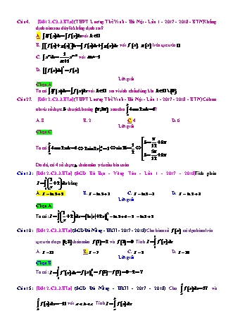 Trắc nghiệm Đại số Lớp 12 tách từ đề thi thử THPT Quốc gia - Chương 3 - Bài 3: Tích phân cơ bản - Mức độ 1.3 - Năm học 2017-2018 (Có đáp án)