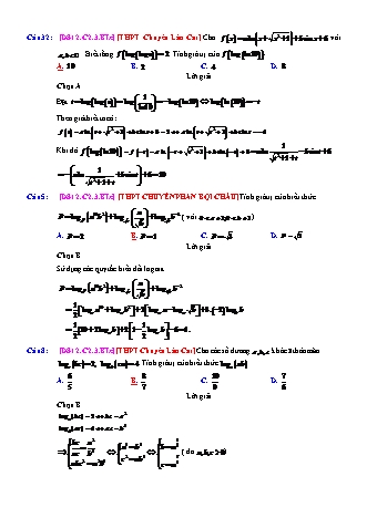 Trắc nghiệm Đại số Lớp 12 tách từ đề thi thử THPT Quốc gia - Chương 2 - Bài 3: Logarit - Mức độ 3.5 - Năm học 2017-2018 (Có đáp án)