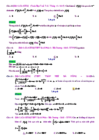 Trắc nghiệm Đại số Lớp 12 tách từ đề thi thử THPT Quốc gia - Chương 3 - Bài 4: Phương pháp tính tích phân - Mức độ 2.1 - Năm học 2017-2018 (Có đáp án)