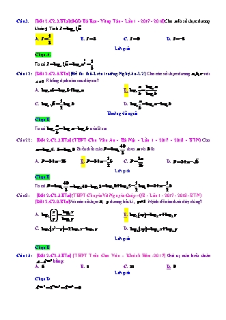 Trắc nghiệm Đại số Lớp 12 tách từ đề thi thử THPT Quốc gia - Chương 2 - Bài 3: Logarit - Mức độ 1.3 - Năm học 2017-2018 (Có đáp án)