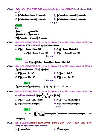 Trắc nghiệm Đại số Lớp 12 tách từ đề thi thử THPT Quốc gia - Chương 3 - Bài 2: Phương pháp tìm nguyên hàm - Mức độ 1.1 - Năm học 2017-2018 (Có đáp án)