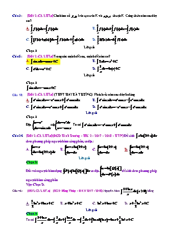 Trắc nghiệm Đại số Lớp 12 tách từ đề thi thử THPT Quốc gia - Chương 3 - Bài 2: Phương pháp tìm nguyên hàm - Mức độ 1.2 - Năm học 2017-2018 (Có đáp án)