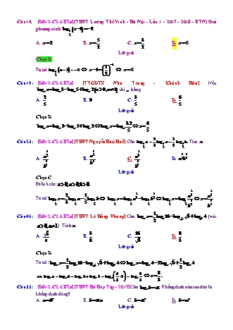 Trắc nghiệm Đại số Lớp 12 tách từ đề thi thử THPT Quốc gia - Chương 2 - Bài 6: Phương trình. Bất phương trình Logarit - Mức độ 1.3 - Năm học 2017-2018 (Có đáp án)