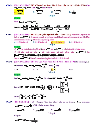Trắc nghiệm Đại số Lớp 12 tách từ đề thi thử THPT Quốc gia - Chương 2 - Bài 3: Logarit - Mức độ 3.4 - Năm học 2017-2018 (Có đáp án)