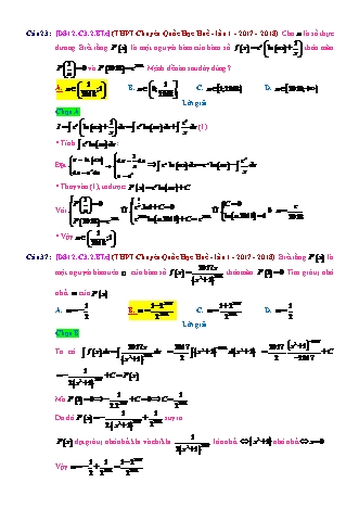Trắc nghiệm Đại số Lớp 12 tách từ đề thi thử THPT Quốc gia - Chương 3 - Bài 2: Phương pháp tìm nguyên hàm - Mức độ 3.3 - Năm học 2017-2018 (Có đáp án)