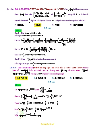 Trắc nghiệm Đại số Lớp 12 tách từ đề thi thử THPT Quốc gia - Chương 3 - Bài 4: Phương pháp tính tích phân - Mức độ 4.1 - Năm học 2017-2018 (Có đáp án)