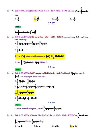 Trắc nghiệm Đại số Lớp 12 tách từ đề thi thử THPT Quốc gia - Chương 3 - Bài 3: Tích phân cơ bản - Mức độ 1.4 - Năm học 2017-2018 (Có đáp án)