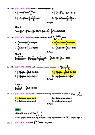 Trắc nghiệm Đại số Lớp 12 tách từ đề thi thử THPT Quốc gia - Chương 3 - Bài 2: Phương pháp tìm nguyên hàm - Mức độ 2.5 - Năm học 2017-2018 (Có đáp án)