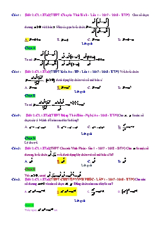 Trắc nghiệm Đại số Lớp 12 tách từ đề thi thử THPT Quốc gia - Chương 2 - Bài 1: Lũy thừa - Mức độ 1.1 - Năm học 2017-2018 (Có đáp án)