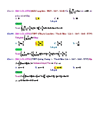 Trắc nghiệm Đại số Lớp 12 tách từ đề thi thử THPT Quốc gia - Chương 3 - Bài 3: Tích phân cơ bản - Mức độ 2.4 - Năm học 2017-2018 (Có đáp án)