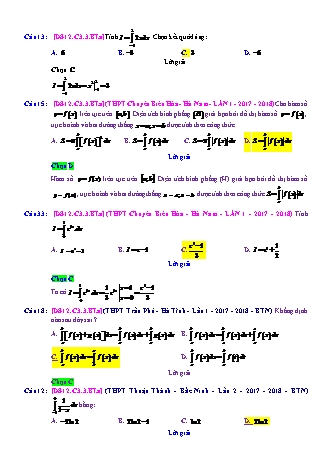 Trắc nghiệm Đại số Lớp 12 tách từ đề thi thử THPT Quốc gia - Chương 3 - Bài 3: Tích phân cơ bản - Mức độ 1.5 - Năm học 2017-2018 (Có đáp án)