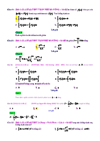 Trắc nghiệm Đại số Lớp 12 tách từ đề thi thử THPT Quốc gia - Chương 3 - Bài 3: Tích phân cơ bản - Mức độ 1.1 - Năm học 2017-2018 (Có đáp án)