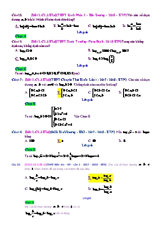 Trắc nghiệm Đại số Lớp 12 tách từ đề thi thử THPT Quốc gia - Chương 2 - Bài 3: Logarit - Mức độ 1.1 - Năm học 2017-2018 (Có đáp án)