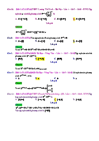 Trắc nghiệm Đại số Lớp 12 tách từ đề thi thử THPT Quốc gia - Chương 2 - Bài 5: Phương trình. Bất phương trình mũ - Mức độ 1.3 - Năm học 2017-2018 (Có đáp án)