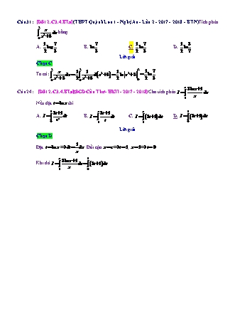 Trắc nghiệm Đại số Lớp 12 tách từ đề thi thử THPT Quốc gia - Chương 3 - Bài 4: Phương pháp tính tích phân - Mức độ 1.4 - Năm học 2017-2018 (Có đáp án)