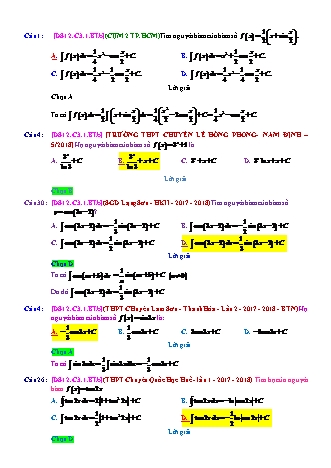 Trắc nghiệm Đại số Lớp 12 tách từ đề thi thử THPT Quốc gia - Chương 3 - Bài 1: Nguyên hàm cơ bản - Mức độ 2.5 - Năm học 2017-2018 (Có đáp án)