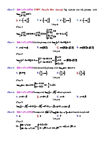 Trắc nghiệm Đại số Lớp 12 tách từ đề thi thử THPT Quốc gia - Chương 2 - Bài 6: Phương trình. Bất phương trình Logarit - Mức độ 2.6 - Năm học 2017-2018 (Có đáp án)