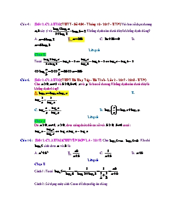 Trắc nghiệm Đại số Lớp 12 tách từ đề thi thử THPT Quốc gia - Chương 2 - Bài 3: Logarit - Mức độ 2.1 - Năm học 2017-2018 (Có đáp án)
