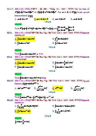 Trắc nghiệm Đại số Lớp 12 tách từ đề thi thử THPT Quốc gia - Chương 3 - Bài 1: Nguyên hàm cơ bản - Mức độ 2.1 - Năm học 2017-2018 (Có đáp án)